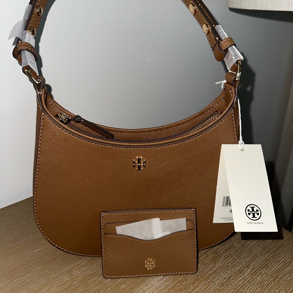 Tory Burch Brown Leather Shoulder Bag with matching card holder